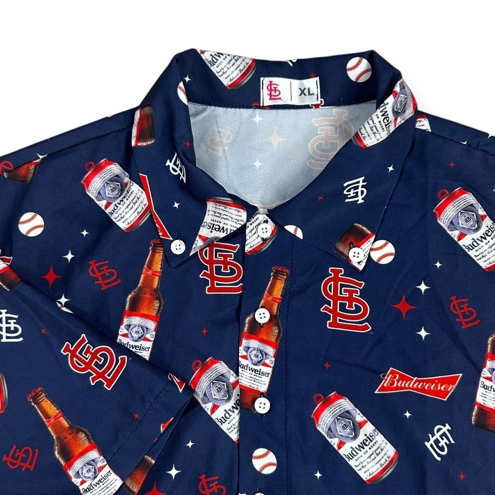 St Louis Cardinals Budweiser Mens XL Navy Blue All Over Print Button Down Shirt